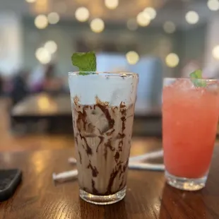 Mint mocha iced coffee and watermelon wake-up juice