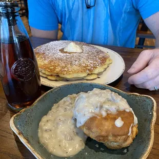 Cinnamon Chip Pancakes and a biscuit with gravy