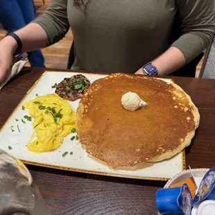 Tri-fecta with scrambled eggs, chicken sausage patty, and a MASSIVE pancake.