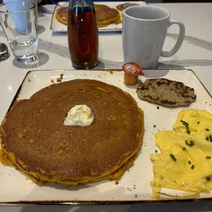 This is the Pumpkin pancakes with scrambled eggs, turkey sausage &amp; pumpkin creamer for my coffee!! SO good!!