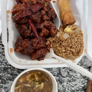 General Tso Chicken luncheon with hot and sour soup