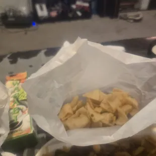 Fried won ton wrapper (was just in the bag w/the condiments)