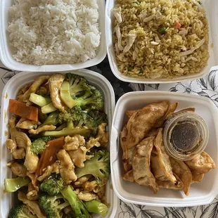 Chicken &amp; broccoli, chicken fried rice &amp; fried dumplings