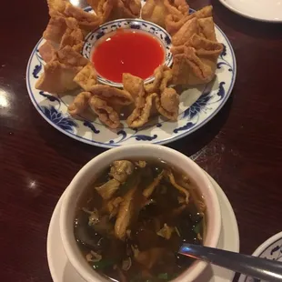 Crab Rangoon (soooo good and HUGE) and hot and sour soup (also very delicious and just a little spicy)