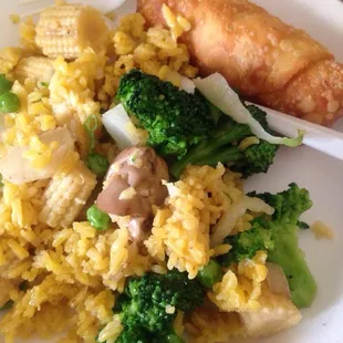 Vegetable fried rice. Shrimp egg roll.