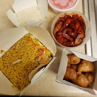 House fried rice, sweet and sour pork, bbq rib