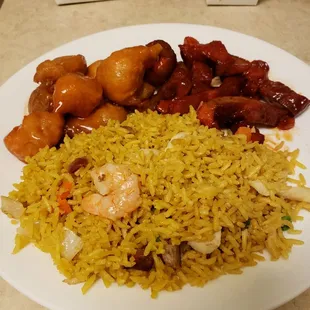 House fried rice, sweet and sour pork, bbq rib