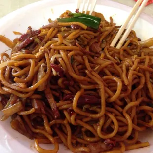 Pork lo mein extra spicy.