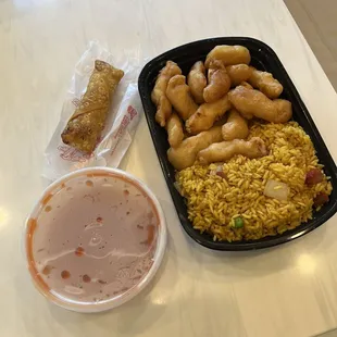 Sweet And Sour Chicken, pork fried rice and egg roll