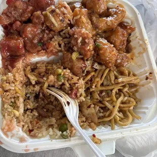 House garlic chicken, sweet n sour pork, bbq pork fried rice, and chow mein; super dry and tasteless