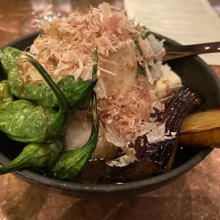 Agasashi tofu with bonito flake, padron pepper and eggplant.