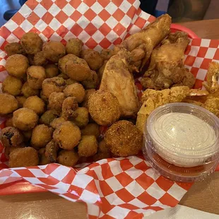 Wings, Fried Okra and fried Shrimp (3)