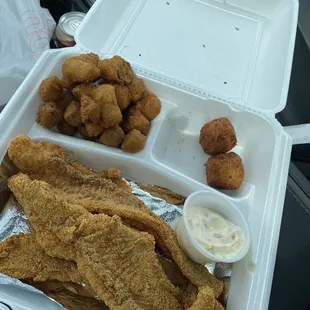 3 piece catfish filets, fried okra and husssssssh puppies