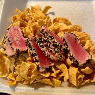Seared Ahi Tuna Plate (Customer Favorite) Box #2 from second order - only 7 slices compared to 14 last time (minus seaweed &amp; green onions).