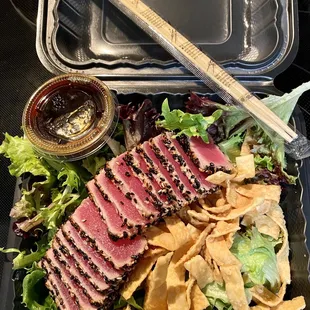 Seared ahi tuna (minus the seaweed salad &amp; green onions) - note 14 slices in this order