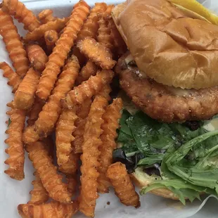 Salmon burger sweet potato fries