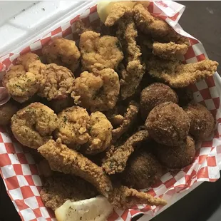Crab  balls, fried shrimp  and fried cat fish