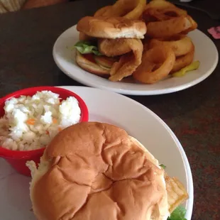 Fish sandwich, slaw, onion rings