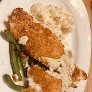 Flounder Special with fresh green beans and mash potato's .