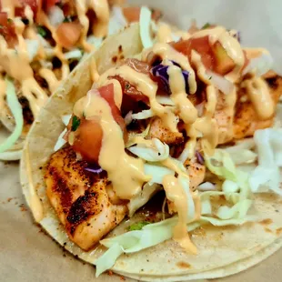Cajun Salmon Taco with Cabbage, Pico De Gallo &amp; Chipotle  Cream Sauce
