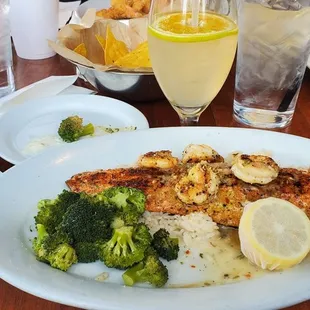 a plate of food and a glass of wine