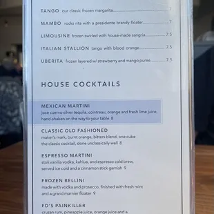 Adult Beverages Menu - Margaritas &amp; House Cocktails