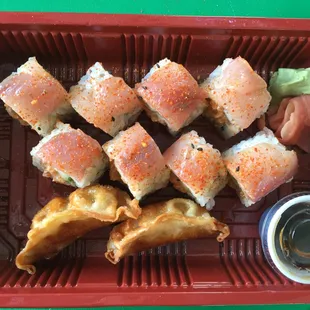 Sunset Box Spicy tuna, and cucumber topped with yellowtail, and a ponzu citrus sauce + 2 Gyoza!
