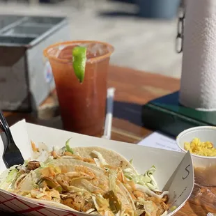 Bloody Mary, fish and shrimp tacos