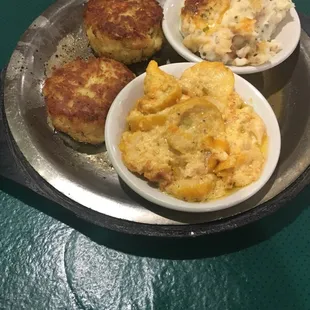 Crab cakes with lots of crab and no bell pepper, squash casserole and twice baked potatoes