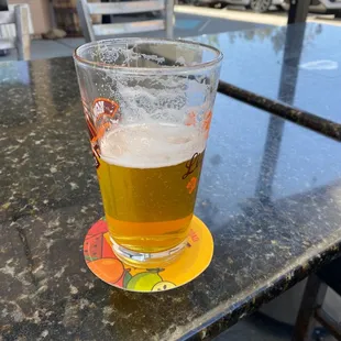 Outdoor patio with a beer