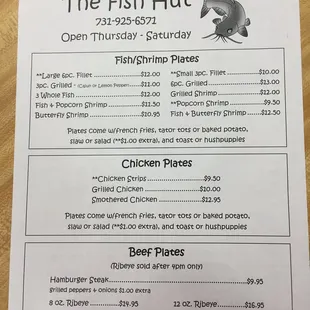 the menu for the fish hut