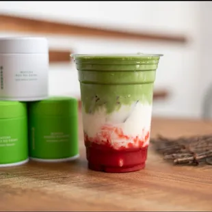 Strawberry milk with matcha cream top