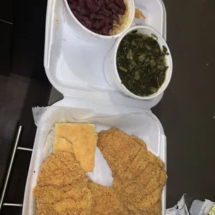 Fried catfish, beans &amp; rice, greens with cornbread