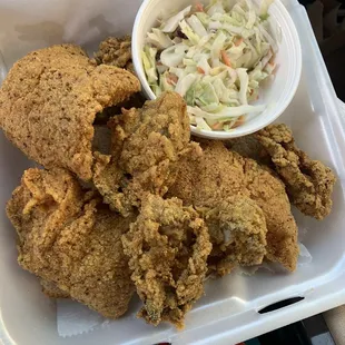 Catfish &amp; oysters with coleslaw. Well seasoned and crispy, don't need any sauce.