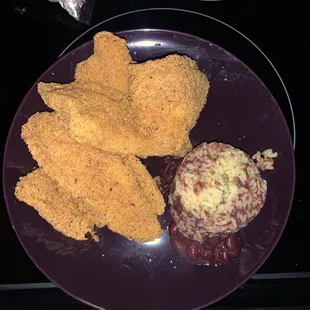 Fried catfish with beans &amp; rice