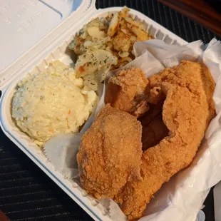 Whiting platter. 3 big pieces of fish, potato salad, and home fries.