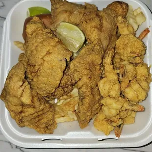 Red snapper, shrimp,  double fries