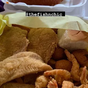 4 Piece Fried Fish 8 Piece Fried Medium Shrimps Sweet Roll Hush Puppy French Fries and 2 k dogs