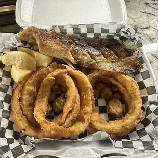 Grilled whole catfish, fried okra, onion rings