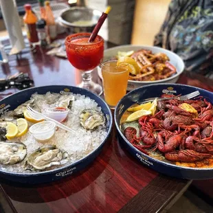 Half dozen oysters, lb of crawfish, half pound crab legs.