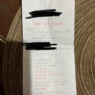 receipt for a take out phone