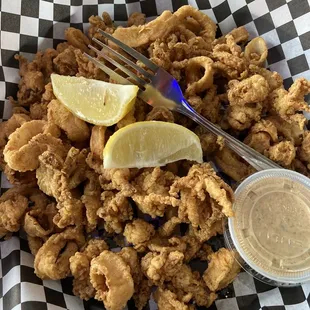 Calamari, over cooked and junky pieces. Disappointing.