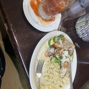 Combo with tilapia, crab and shrimp with rice and veggies