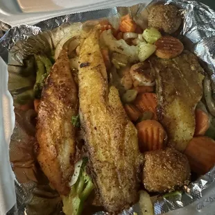 Grilled fish and shrimp with mixed grilled vegetables