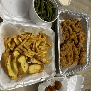 Family pack 25 greens beans. Hush puppies and fries.