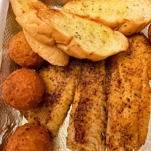 Grilled Redfish, Hush Puppies, and Garlic Toast