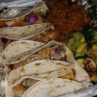 Large order of fish tacos. comes with 4 with side of rice and veggies. Fried catfish on flour tortillas. $11