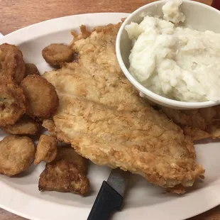 Huge chicken fried chicken, potatoes and fried squash 7.9.22