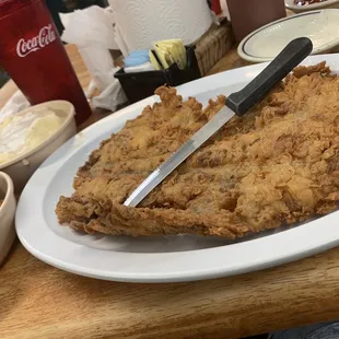 Chicken fried steak mash potatoes okra