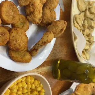 Frog legs, fried squash, corn, fried pickles